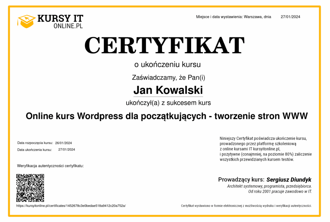 Certyfikat o ukończeniu kursu IT